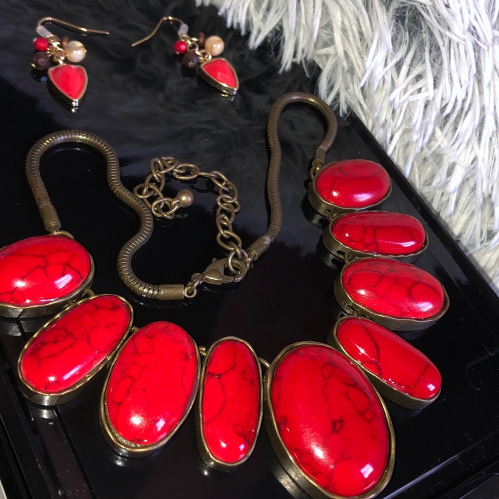 Red/ Marble Necklace & Red/ Brown Earrings
